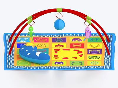 Kids Room With Colorful Play Mat Red Arch Hanging Toys Patterned Squares Blue Crescent Cushion 3d model