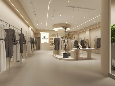 Modern Clothing Store Interior With Display Racks Hanging Clothes And Green Plants 3d model