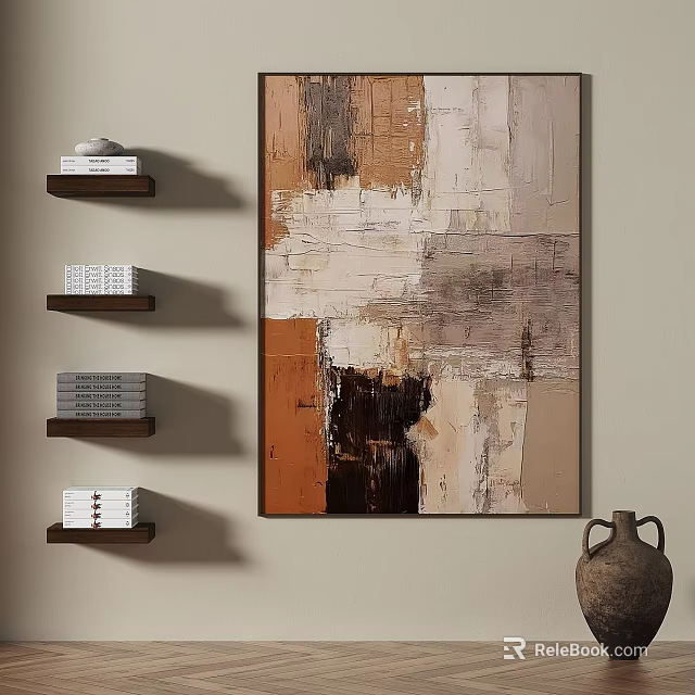 Abstract Painting on Wall with Shelves Books Decorative Items and Clay Pot in Interior 3d model 