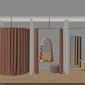Clothing Store With Modern Fitting Rooms Orange Beige Curtains Scalloped Mirrors Plant And Wooden Floor