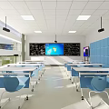 School Modern Classroom Featuring Smart Blackboard Display Screen Blue Walls And Neat Desks Chairs