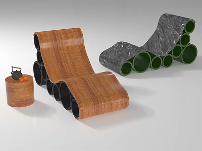 Unique Modern Accent Chair With Curved Wooden And Marble Tubular Structure Design 3d model