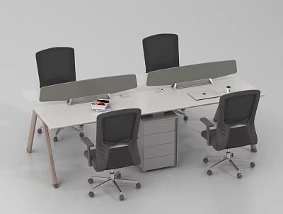 White Office Desk With Privacy Screens Under Desk Drawer Cabinet And Black Office Chairs 3d model