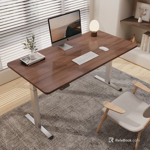 Height Adjustable Walnut Office Desk with Computer Monitor Keyboard Mouse Lamp Potted Plant and Chair 3d model 