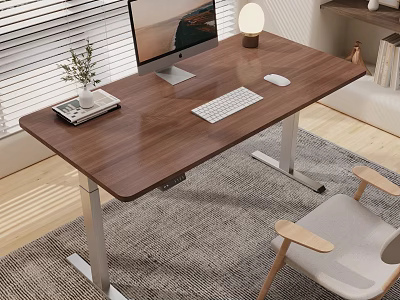 Height Adjustable Walnut Office Desk with Computer Monitor Keyboard Mouse Lamp Potted Plant and Chair 3d model