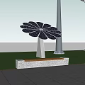 Garden Landscape Design With Solar Flower Structures Trees Shrubs Lawn And Stone Pavement