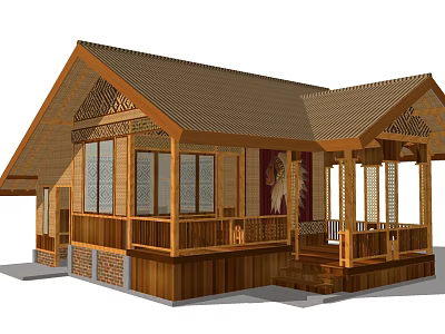 Elegant Traditional Wooden Homestay Building With Sloped Roof Large Windows Porch And Carved Decorations 3d model