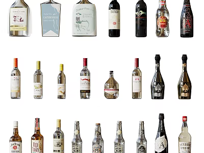 Various Assorted Wine Bottles And Glasses In Stylish Display With Unique Designs 3d model