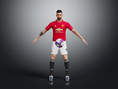 Man in Red Manchester United Jersey Standing with Soccer Ball and Arms Outstretched on Gray Background 3d model
