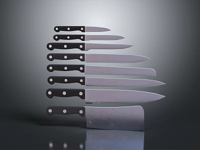 Different Sizes Kitchen Knives With Black Handles And Silver Blades For Cooking 3d model