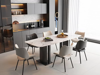 Modern Dining Table Set With Marble Top Chairs And Kitchen Cabinets Coffee Machine Wine Bottles 3d model