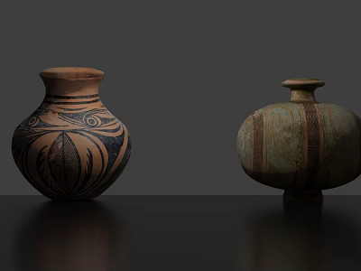 Two Round Decorative Ceramic Vases Brown Turquoise With Intricate Patterns On Black Surface 3d model