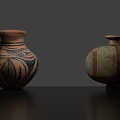 Two Round Decorative Ceramic Vases Brown Turquoise With Intricate Patterns On Black Surface