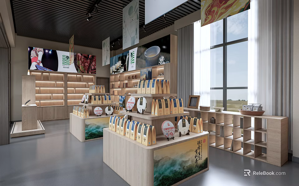 Spacious Specialty Store Interior With Wooden Counters Various Products Display Shelves And Wall Posters 3d model 