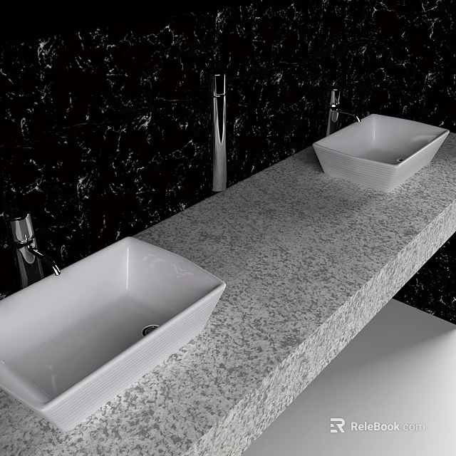 Modern Double White Washbasins on Gray Granite Countertop with Silver Faucets and Black Stone Wall 3d model 