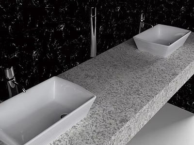 Modern Double White Washbasins on Gray Granite Countertop with Silver Faucets and Black Stone Wall 3d model
