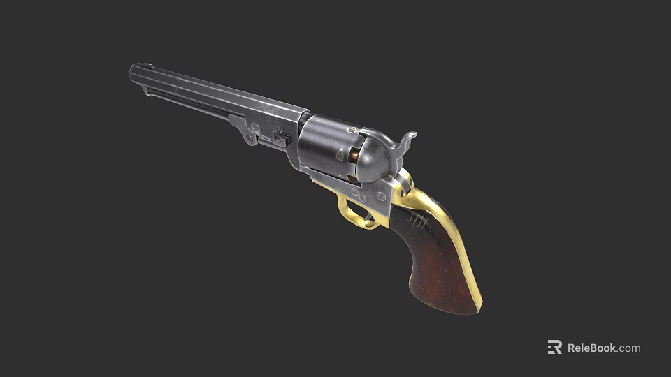 Vintage Revolver With Metal Body Wooden Grip And Gold Accents Classic Design 3d model 