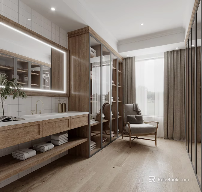 Modern Walk In Closet With Wooden Wardrobes Mirror And Chair By Window 3d model 