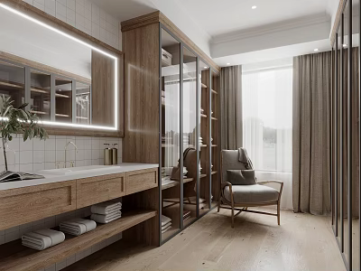 Modern Walk In Closet With Wooden Wardrobes Mirror And Chair By Window 3d model