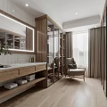 Modern Walk In Closet With Wooden Wardrobes Mirror And Chair By Window