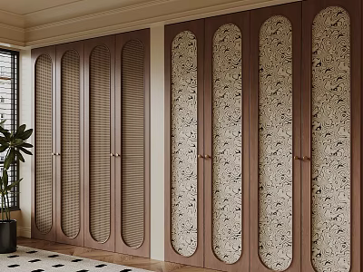 Brown Wooden Wardrobe Featuring Patterned Panels And Lattice Door Design In Modern Interior 3d model