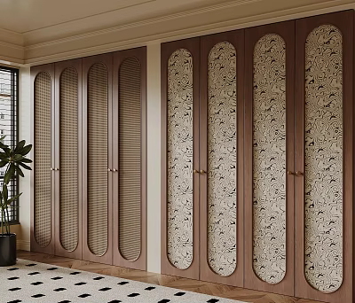Brown Wooden Wardrobe Featuring Patterned Panels And Lattice Door Design In Modern Interior 3d model