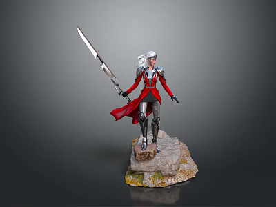 Warrior In Red Silver Armor With Red Cape And Long Sword Standing On Rock 3d model