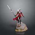 Warrior In Red Silver Armor With Red Cape And Long Sword Standing On Rock