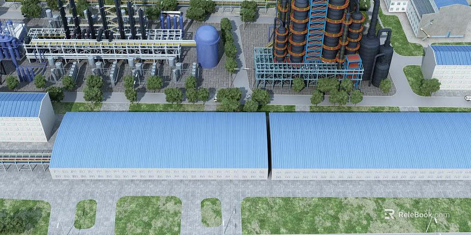 Modern Industrial Factory Building With Blue Roof Tall Chimneys And Surrounding Greenery 3d model 