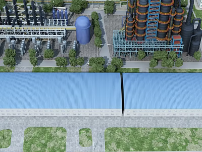 Modern Industrial Factory Building With Blue Roof Tall Chimneys And Surrounding Greenery 3d model
