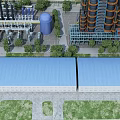 Modern Industrial Factory Building With Blue Roof Tall Chimneys And Surrounding Greenery