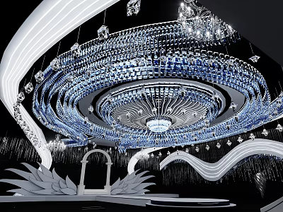 Elegant Banquet Hall Interior With Grand Crystal Chandelier And Curved Decorative Elements 3d model