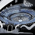 Elegant Banquet Hall Interior With Grand Crystal Chandelier And Curved Decorative Elements