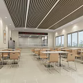 Spacious Cafeteria Interior With Wooden Slat Ceiling Tables Chairs And Large Windows