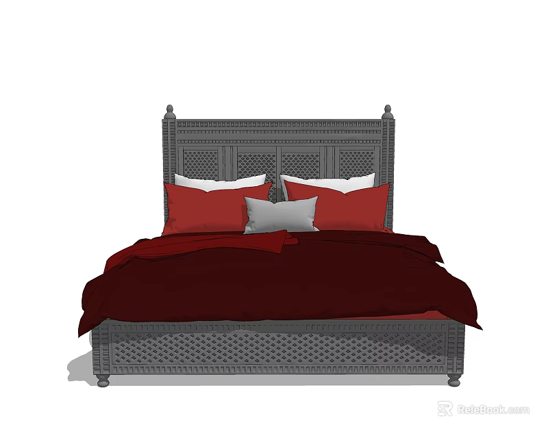 Classic Double Bed with Carved Headboard Red Bedding and Gray Throw Pillow 3d model