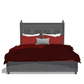 Classic Double Bed with Carved Headboard Red Bedding and Gray Throw Pillow 3d model