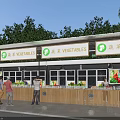 Grocery Supermarket Fresh Vegetable Stalls With Customers Shopping And Surrounding Green Trees