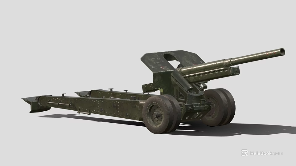 Vintage Military Green Artillery Weapon With Long Barrel Metal Carriage And Large Wheels 3d model 
