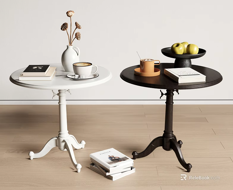 Modern Side Tables In White And Dark With Books Coffee Cup Vase Fruit Tray 3d model 