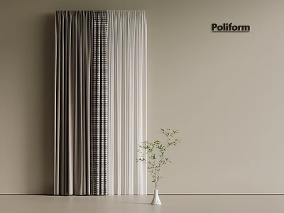 Modern Vertical Curtain Design in Gray and White Tones with Green Plant by Beige Wall 3d model