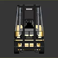 Industrial Yellow Blue Forklift With Cab And Forks On Reflective Surface