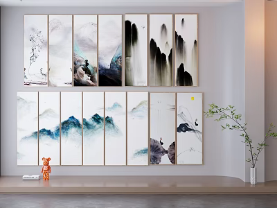 Traditional Chinese Landscape Paintings With Mountain Water Mist For Modern Living Room Wall Decor 3d model
