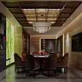 Elegant Chinese Private Dining Room with Round Table Red Chairs Decorative Walls And Green Plants