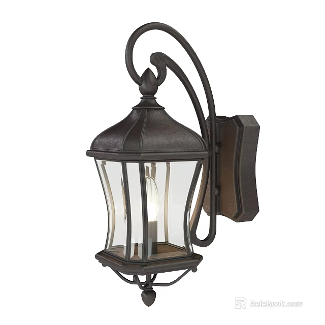 Traditional Metal Wall Light With Curved Arm Glass Shade And Decorative Finial Design 3d model 