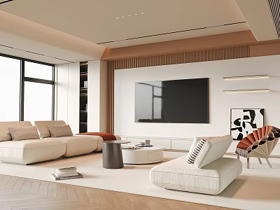 Modern Minimalist Living Room With Large Windows Light Sofas And TV Wall 3d model