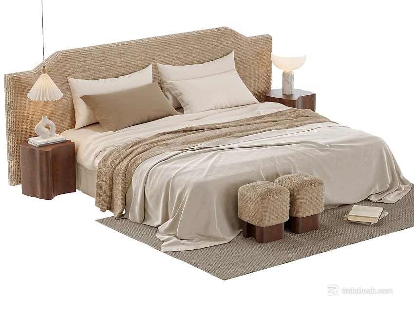 Soft Fabric Upholstered Double Bed With Matching Wooden Nightstands And Cozy Warm Bedroom Furnishing Set 3d model 
