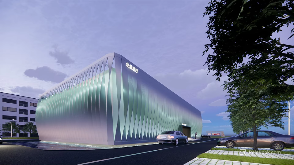Modern Gallery Building Featuring Geometric Glass Facade Illuminated Exterior Trees And Cars Near Entrance 3d model 
