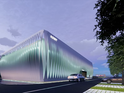 Modern Gallery Building Featuring Geometric Glass Facade Illuminated Exterior Trees And Cars Near Entrance 3d model