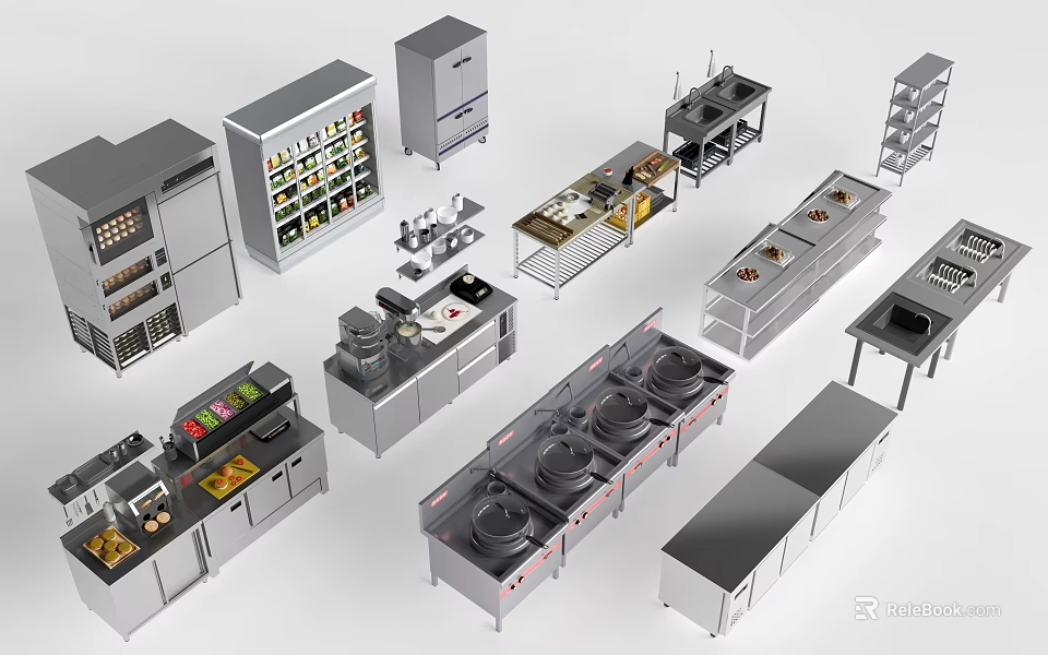 Stainless Steel Commercial Kitchen Equipment With Refrigerators Stoves Workstations And Shelves 3d model 
