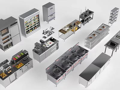 Stainless Steel Commercial Kitchen Equipment With Refrigerators Stoves Workstations And Shelves 3d model